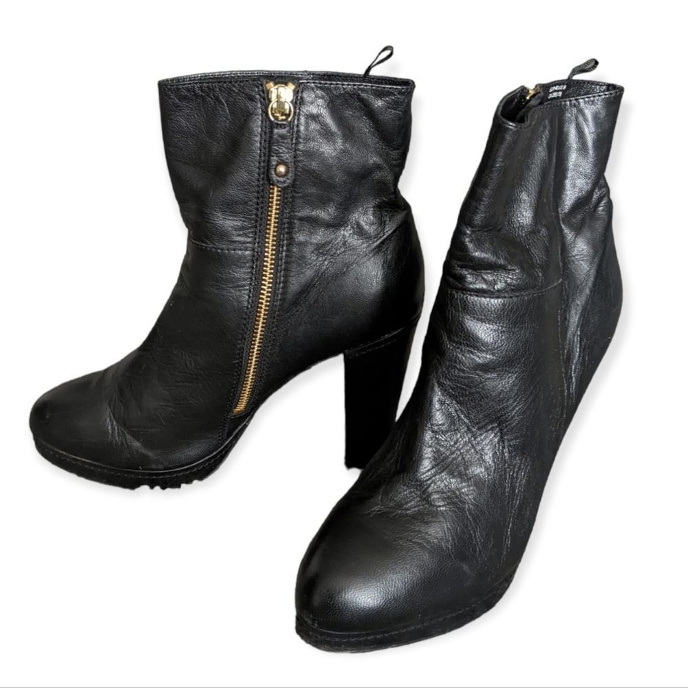 H&M Genuine Leather Black Ankle Zipper Platform Booties Size 9